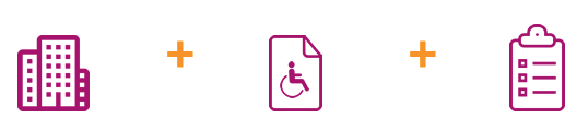 pictogramas con edificio + simbolo de discapacidad + lista check list