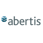 Logotipo de la empresa Abertis. Letras minúsculas escritas en color gris junto a una figura geométrica redonda.