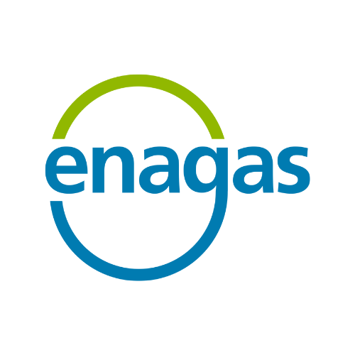 Logotipo de la empresa enagas. La palabra enagas se encuentra escrita en azul y centrada en un circulo con semi conferencia en azul y otra en color verde.