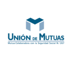 Logotipo de la Mutua UNION DE MUTUAS escrito en mayúsculas y color azul con la letra M geométrica sobre la marca