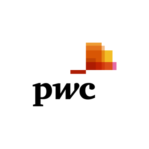 Logotipo de la empresa Pricewaterhouse Coopers compuesto de las letras p, w, c, escritas en negro con formas rectagulares sobre las letras en tonalidades naranjas y rojas