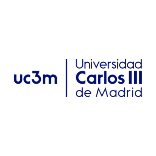 Logotipo de la Universidad Carlos III de madrid escrito en tipo oración en color azul, precedido de una linea de separación de las letras uc3m escritas en azul