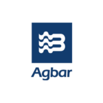 Logotipo de la empresa Agbar. Letras minúsculas escritas en color azul bajo cuadrado azul