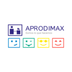 Logotipo de Aprodimax. Letras mayúsculas escritas en color azul sobre cuadrados de colores azul, verde, amarillo y rojo