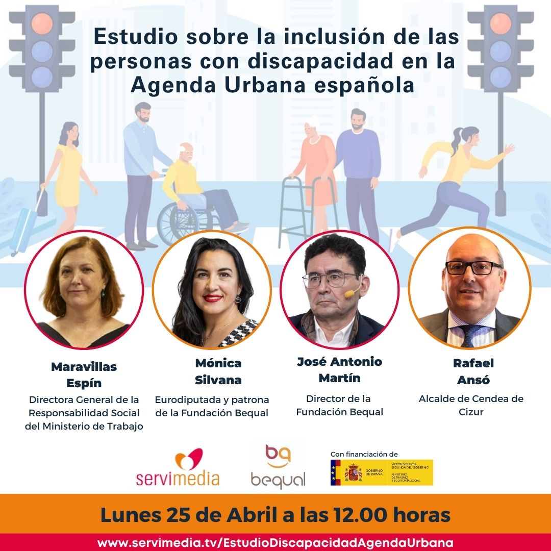 Imagen de la caratula realizada para la presentación del estudio sobre la inclusión de las personas con discapacidad en la Agenda Urbana española. Aparecen las fotografía de los ponentes y la información sobre el evento.