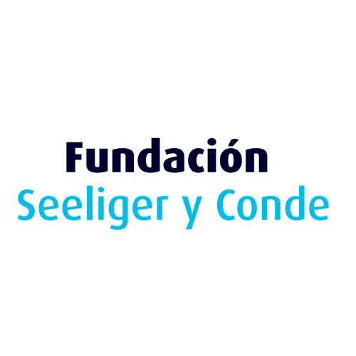 Logotipo de la fundación Seeliger y Conde escrito en minúsculas y colores azul oscuro la palabra Fundación y azul claro las palabras Seeliger y Conde