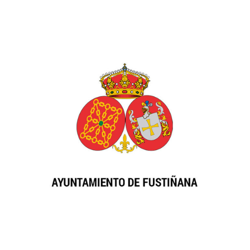 Logotipo del ayuntamiento de Fustiñana , escrito en mayúsculas y color negro bajo su escudo en tonos rojos
