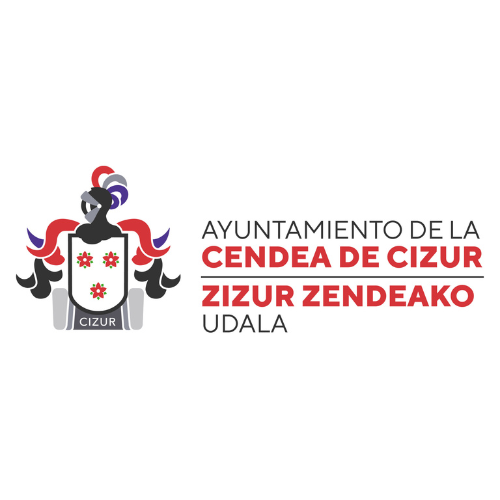 Logotipo del ayuntamiento de Cendea de Cizur escrito en castellano y euskera, en mayúsculas y colores negro y rojo. Todo ello precedido de su escudo