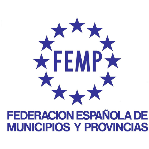 Logotipo de la Federación Española de Municipios y Provincias escrito en mayúsculas y color azul, bajo un círculo de estrellas de color azul y en el interior de este las iniciales FEMP en mayúsculas y color azul
