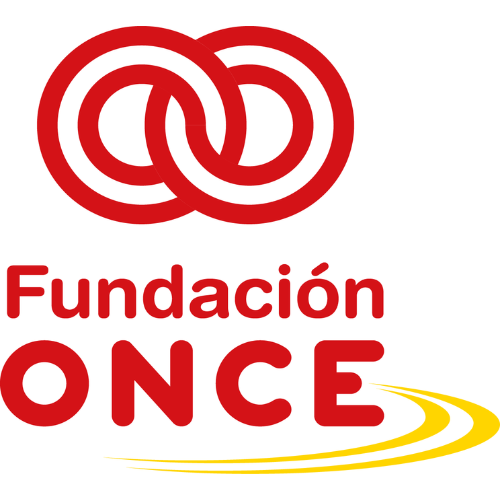 Logo de la Fundación ONCE, escrito Fundación en modo oración y once en letras mayúsculas todas ellas en color rojo, con dos círculos dobles rojos entrelazados sobre la palabra Fundación y una onda doble amarilla bajo la palabra ONCE