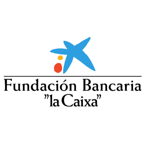 Logotipo de la Fundación Bancaria La Caixa, escrito en forma oración en color negro. Sobre el nombre una forma de estrella de color azul con dos pequeños círculos en color rojo y naranja