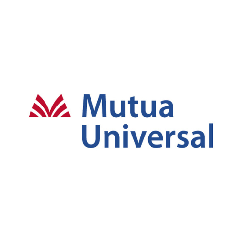 Logotipo de la mutua, Mutua Universal escrita en forma oración y color azul con su símbolo en color rojo