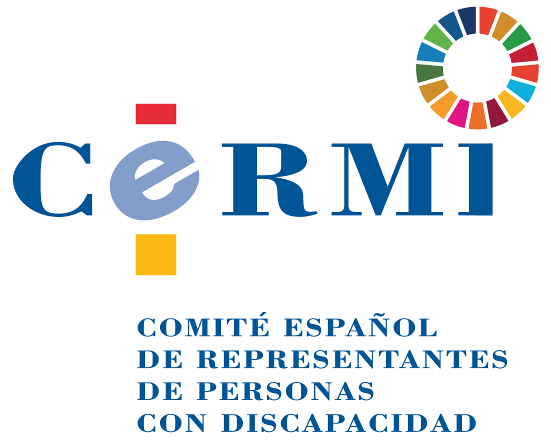 Logotipo del Comité Español de representantes de personas con discapacidad. Cermi aparece escrito en azul y sobre la letra i aparece la rueda de colores que identifica los objetivos de desarrollo sostenible