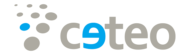 Logotipo del centro especial de empleo ceteo. escrito en minúsculas en color gris y la primera e en color azul. precedido de varios pequeños círculos dispersos en gris y un círculo en azul