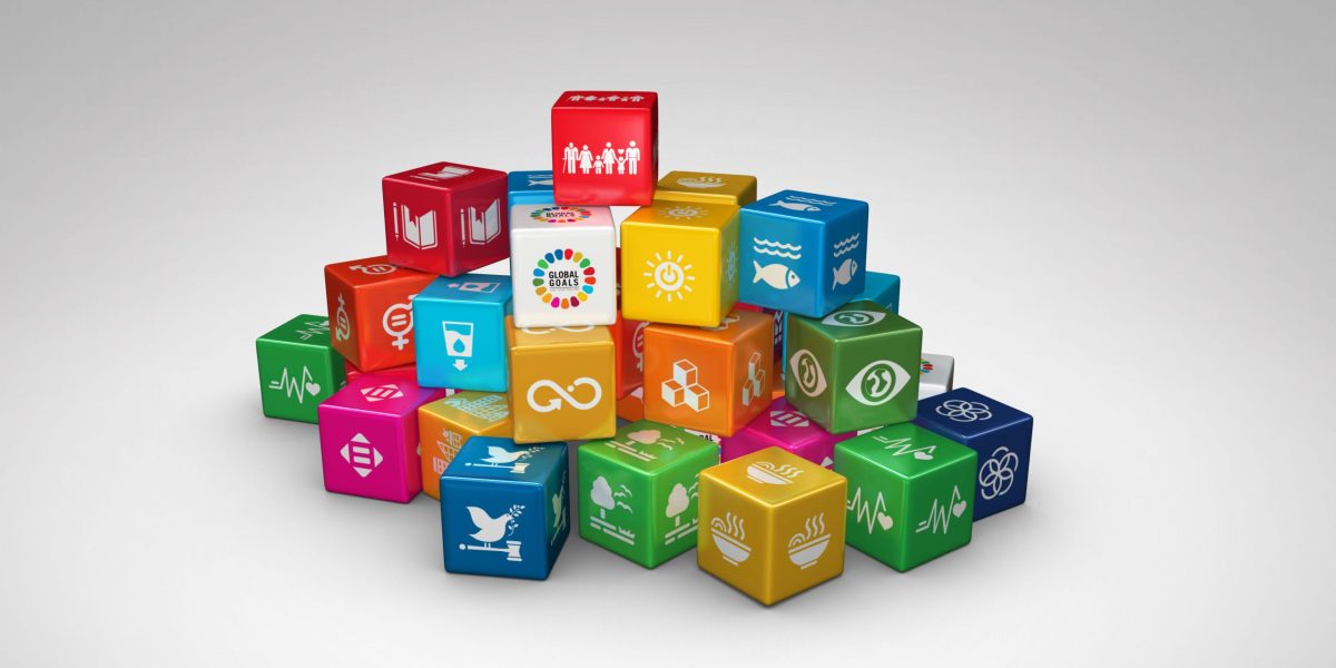 3D rendering colorful cubes Illustration of Corporate social responsibility. Concept design to achieve Sustainable Development for a better world. 3D Icons. 3D Illustration.